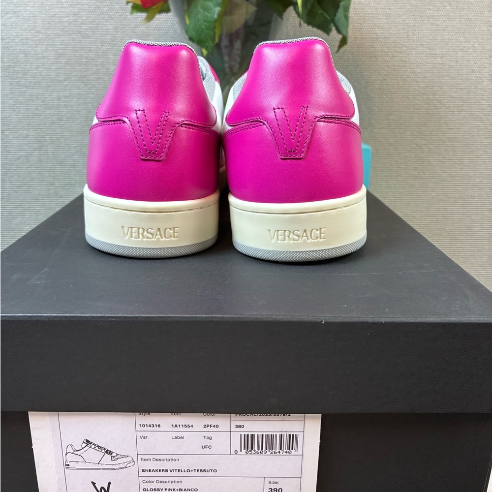 NWT Versace Women’s White & Pink Vitello Leather Sneakers - EU Size 39 = US 9 - Picture 11 of 14